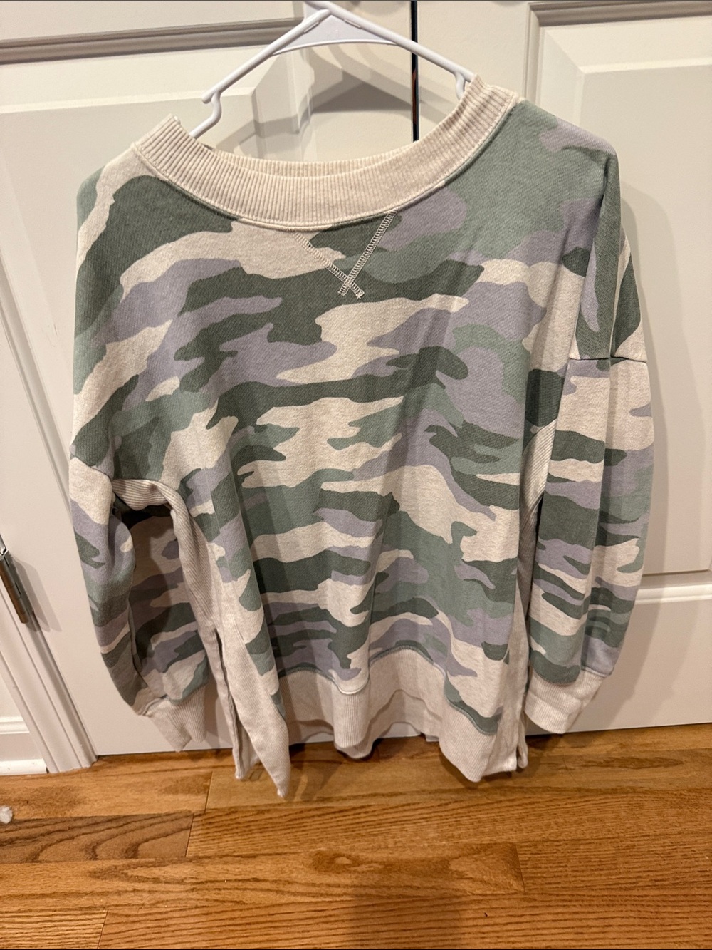 aerie Camo Crewneck Sweatshirt in Green and Cream